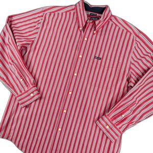 Chaps Shirt Mens L Large Red White Striped Button Down Long Sleeve Easy Care Mix